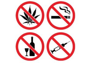 Forbidding Vector Signs "No Smoking", "No Drugs", "No Cannabis" and "No Alcohol"